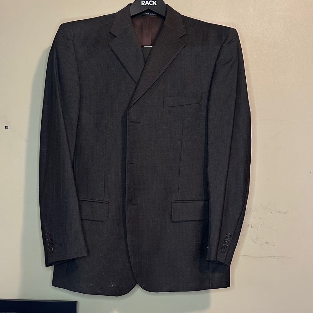 Brown pinstriped suit Mary in Italy
